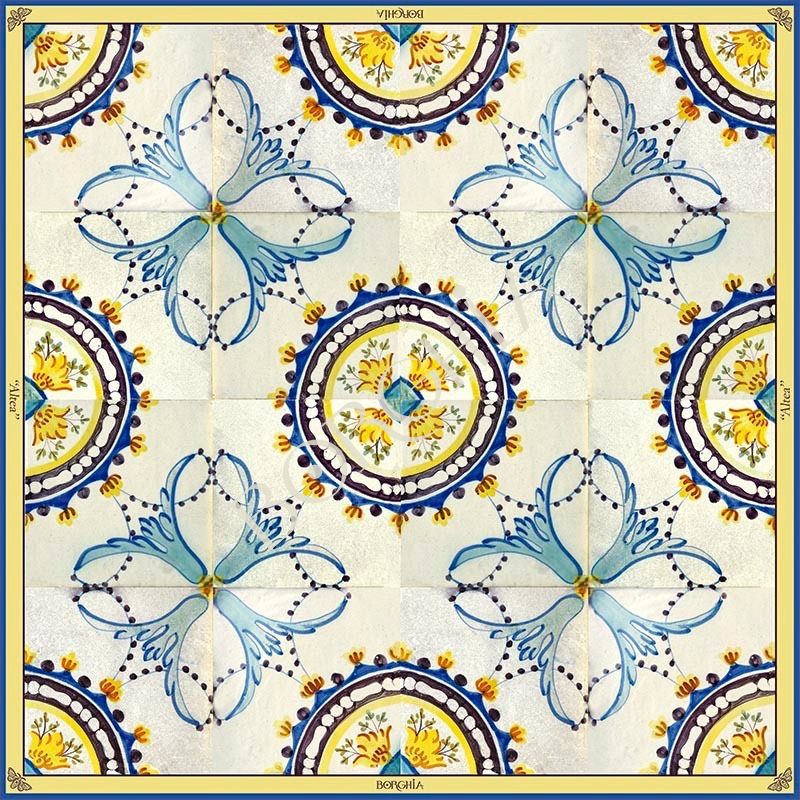 pañuelo-seda-borghia-valencia-90x90cm-azulejo-antiguo-amarillo-azul-verdeagua-altea